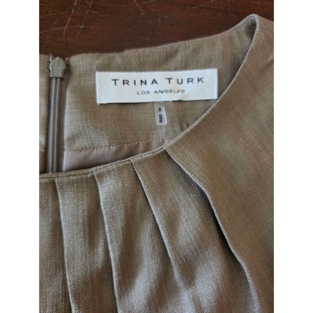 TRINA TURK Los Taupe Pleated Neck Cap Sleeve Sheath Knee Length Dress 2